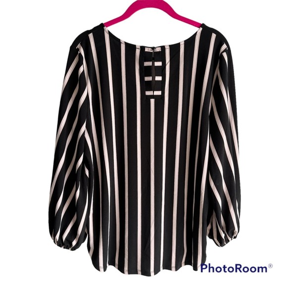 ADRIANNA PAPELL Black and Pink Striped 3/4 Sleeve Ladies Career Blouse, L - Picture 2 of 6